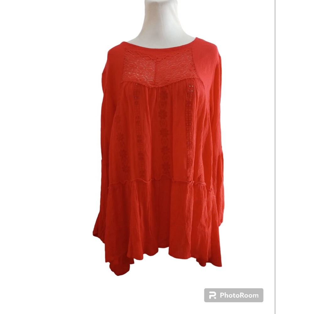 NWT Adiva Women’s Top Size M Flowy Boho Tunic Lace Long Sleeve Red Coral Keyhole